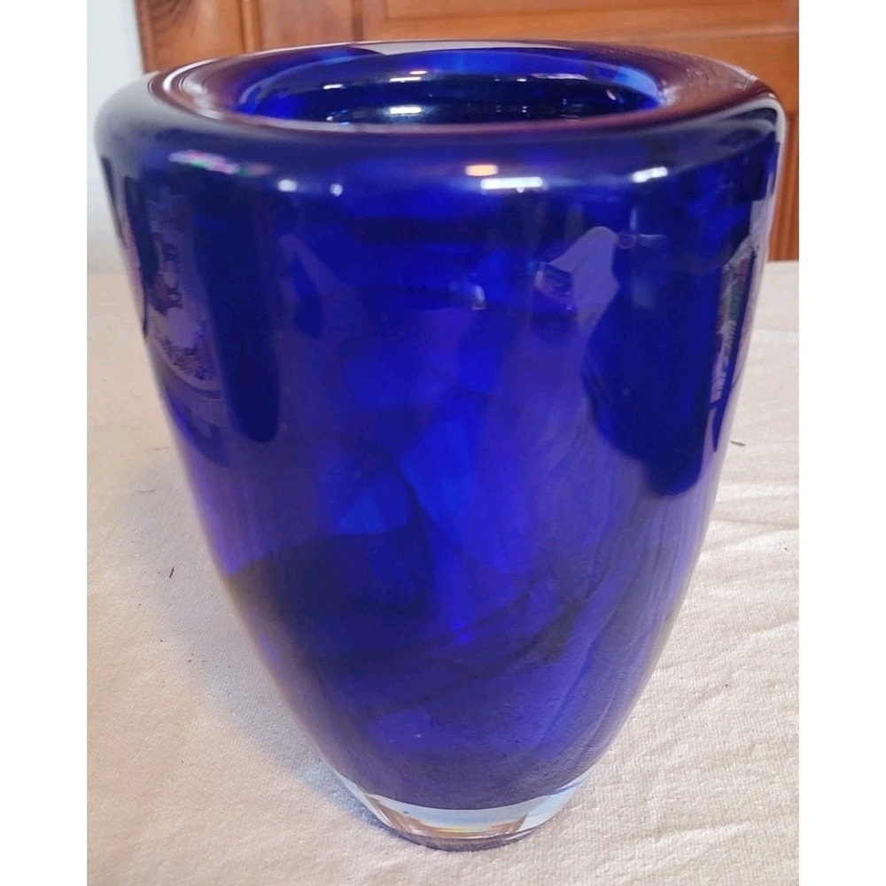 Kosta Boda Cobalt Blue Art Glass Vase Sweden Heavy 8" Sticker Etched